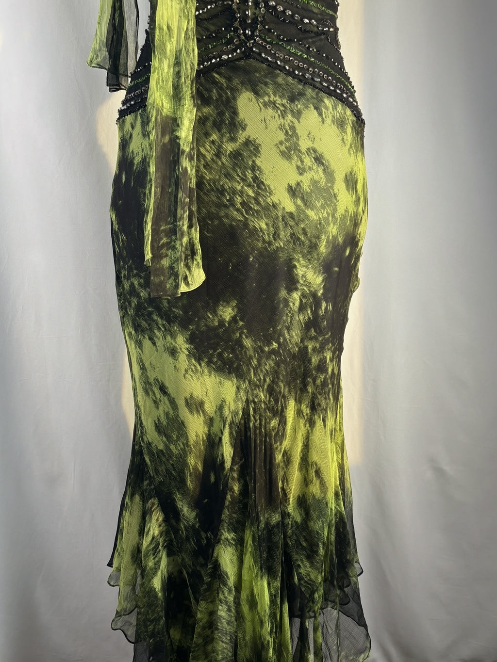 Black and green silk asymmetric beaded halterneck dress with shawl