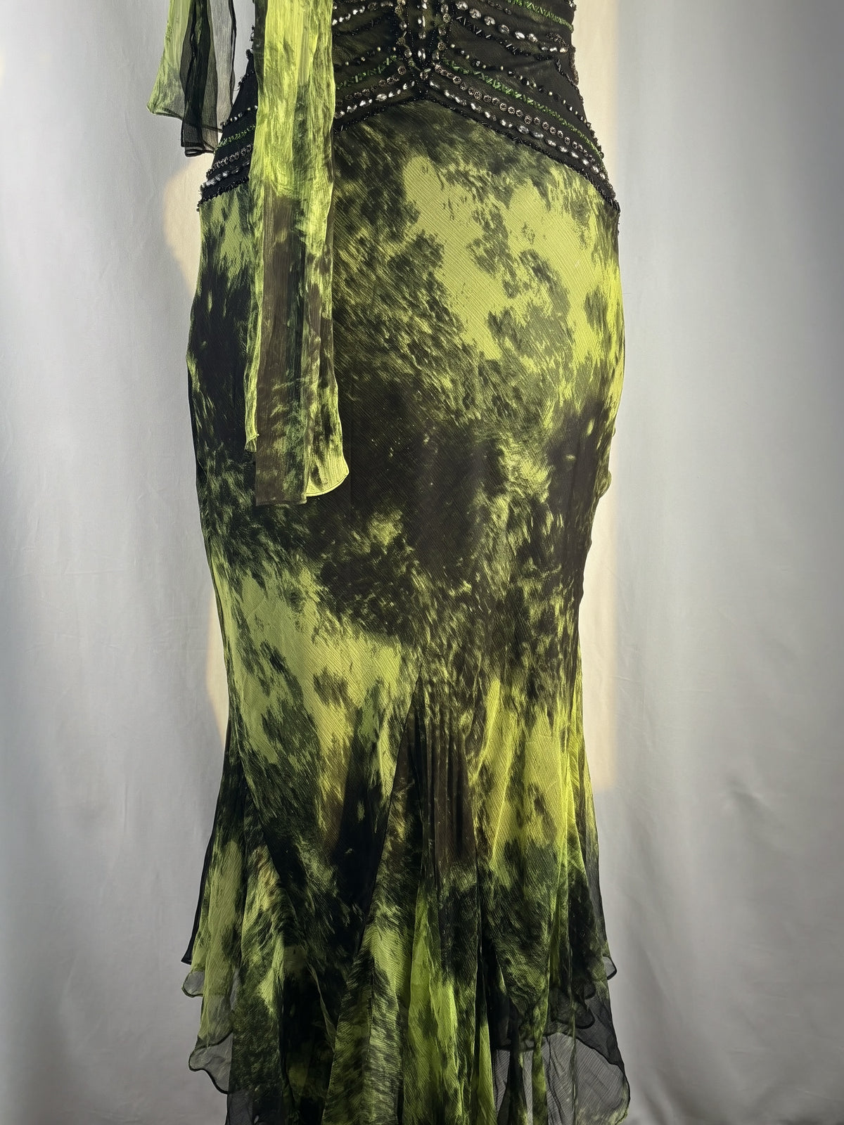 Black and green silk asymmetric beaded halterneck dress with shawl
