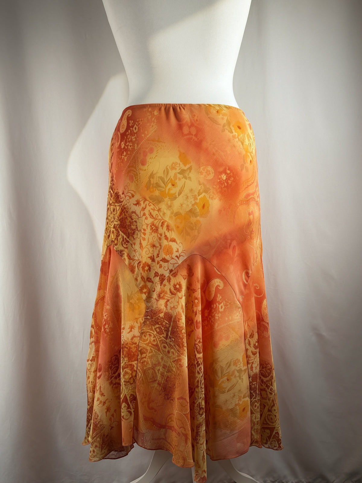 Orange and yellow ombré floral midi skirt