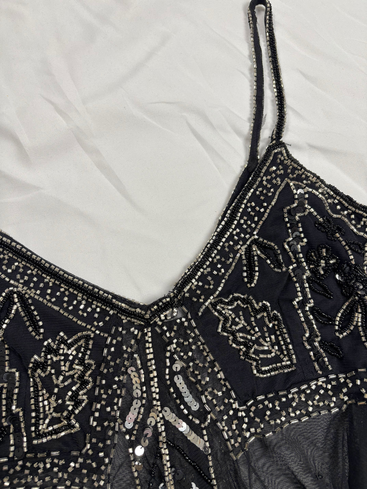 Sheer black beaded asymmetrical fairy cami