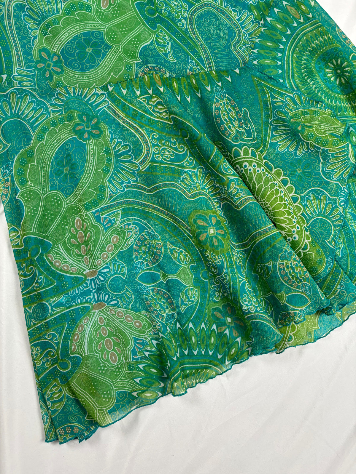 Green and blue tropical ruffle detailed midi skirt
