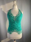 Bright blue ruched aftershock halter neck with beaded lace details