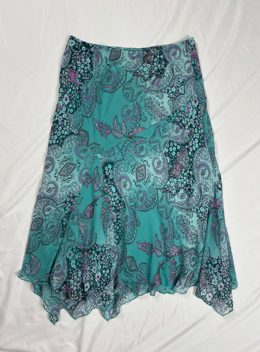 Blue and purple Paisley print midi skirt with asymmetric hem