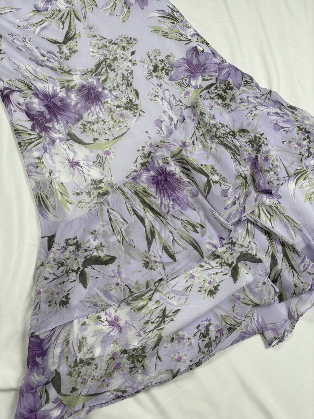 Lilac and green floral print ruffle skirt