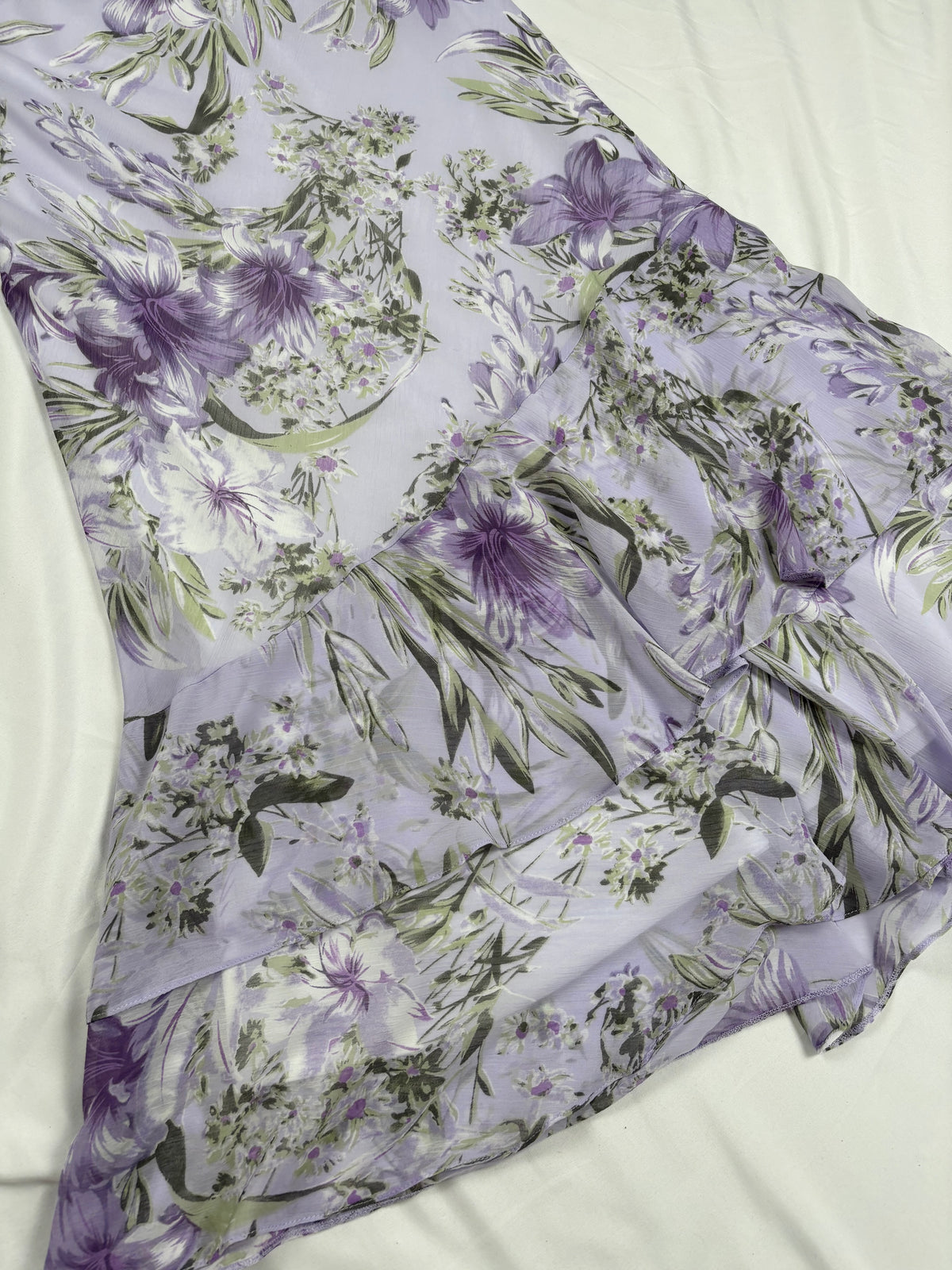 Lilac and green floral print ruffle skirt