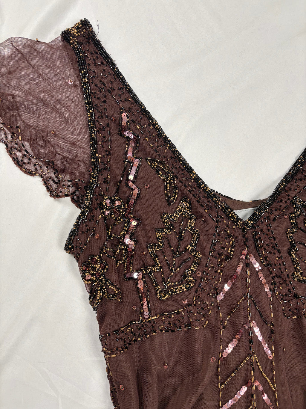 Chocolate brown asymmetrical mesh fairy top with v-neckline