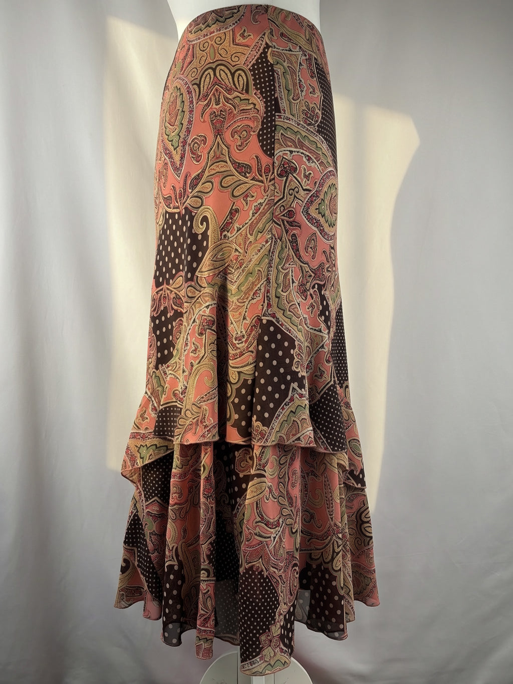 Brown and pink mixed print ruffle maxi skirt