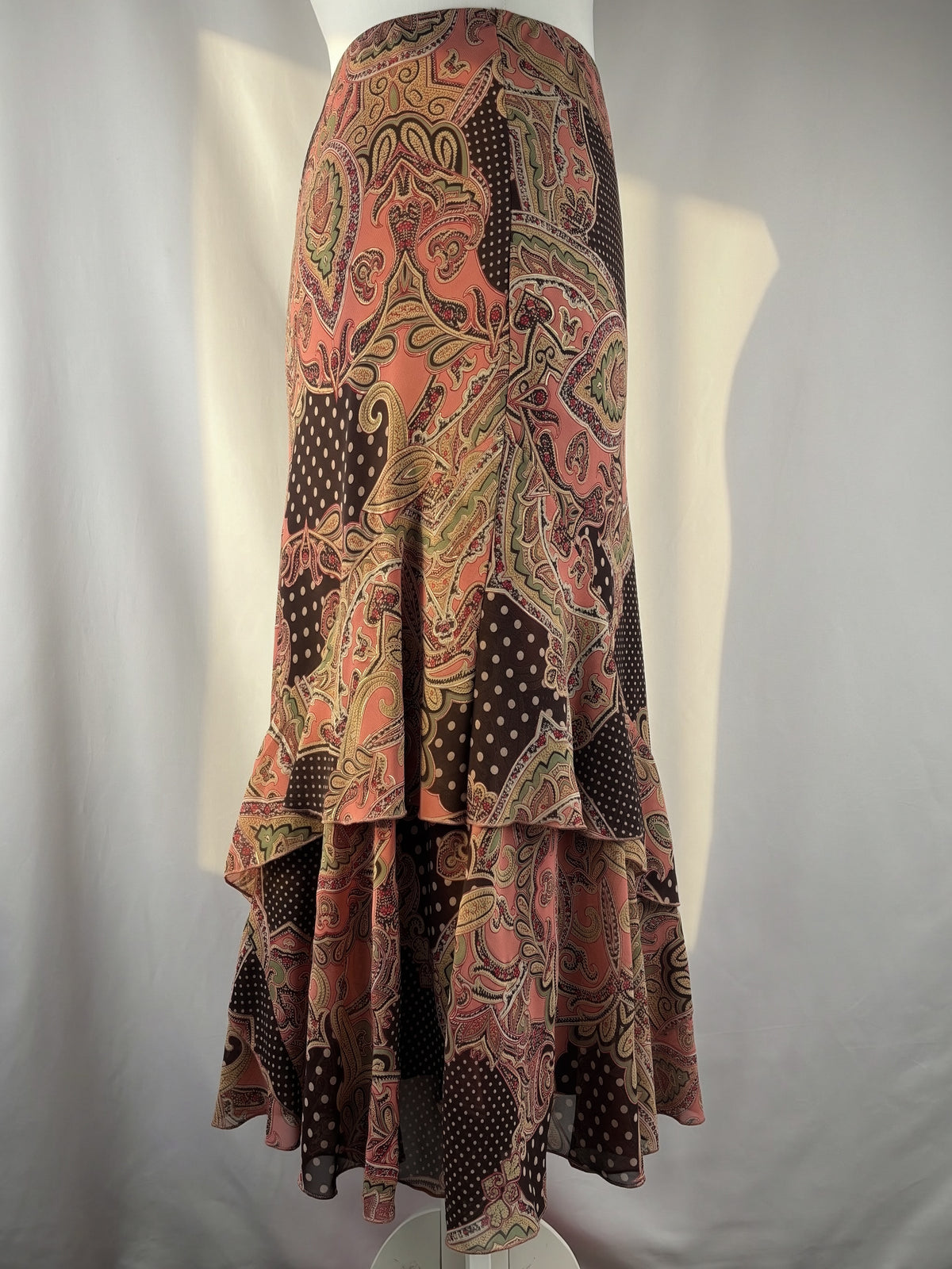 Brown and pink mixed print ruffle maxi skirt