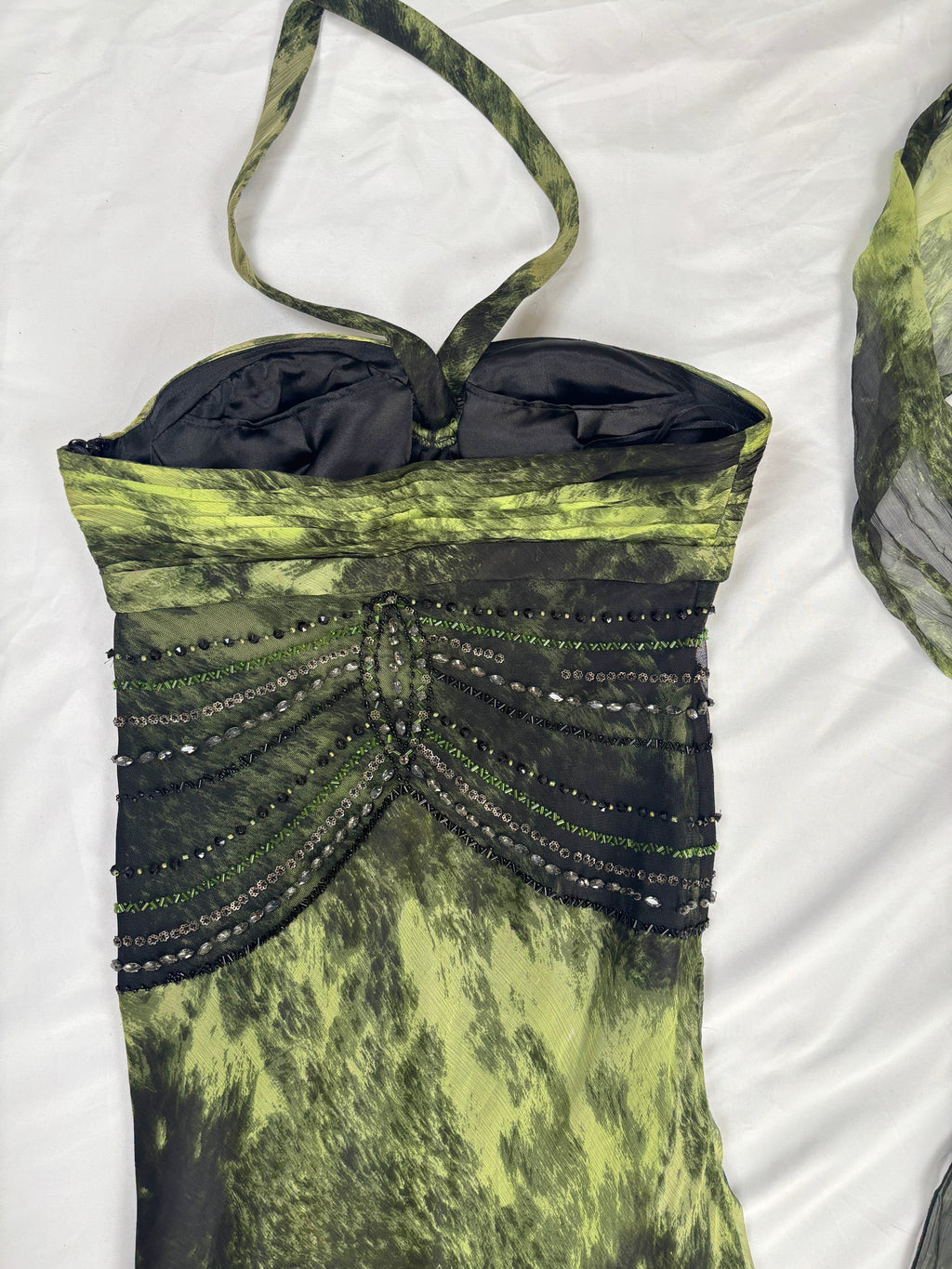 Black and green silk asymmetric beaded halterneck dress with shawl