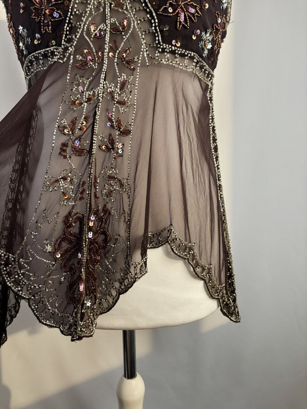 Chocolate brown sheer beaded asymmetric fairy cami