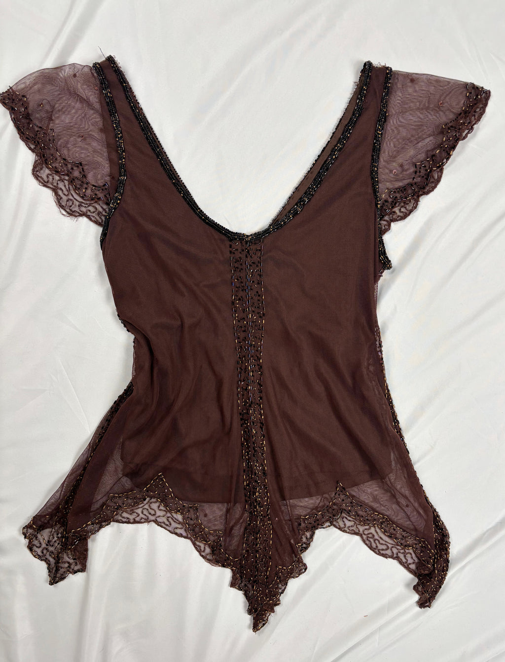 Chocolate brown asymmetrical mesh fairy top with v-neckline