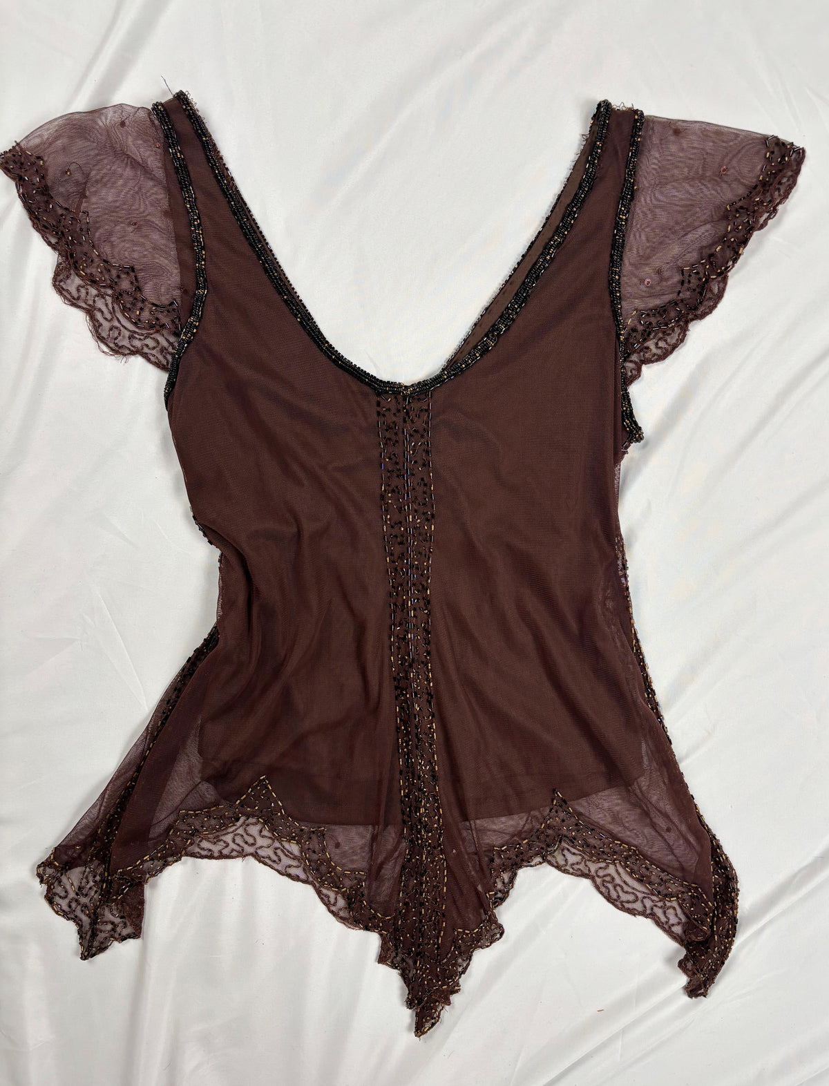 Chocolate brown asymmetrical mesh fairy top with v-neckline