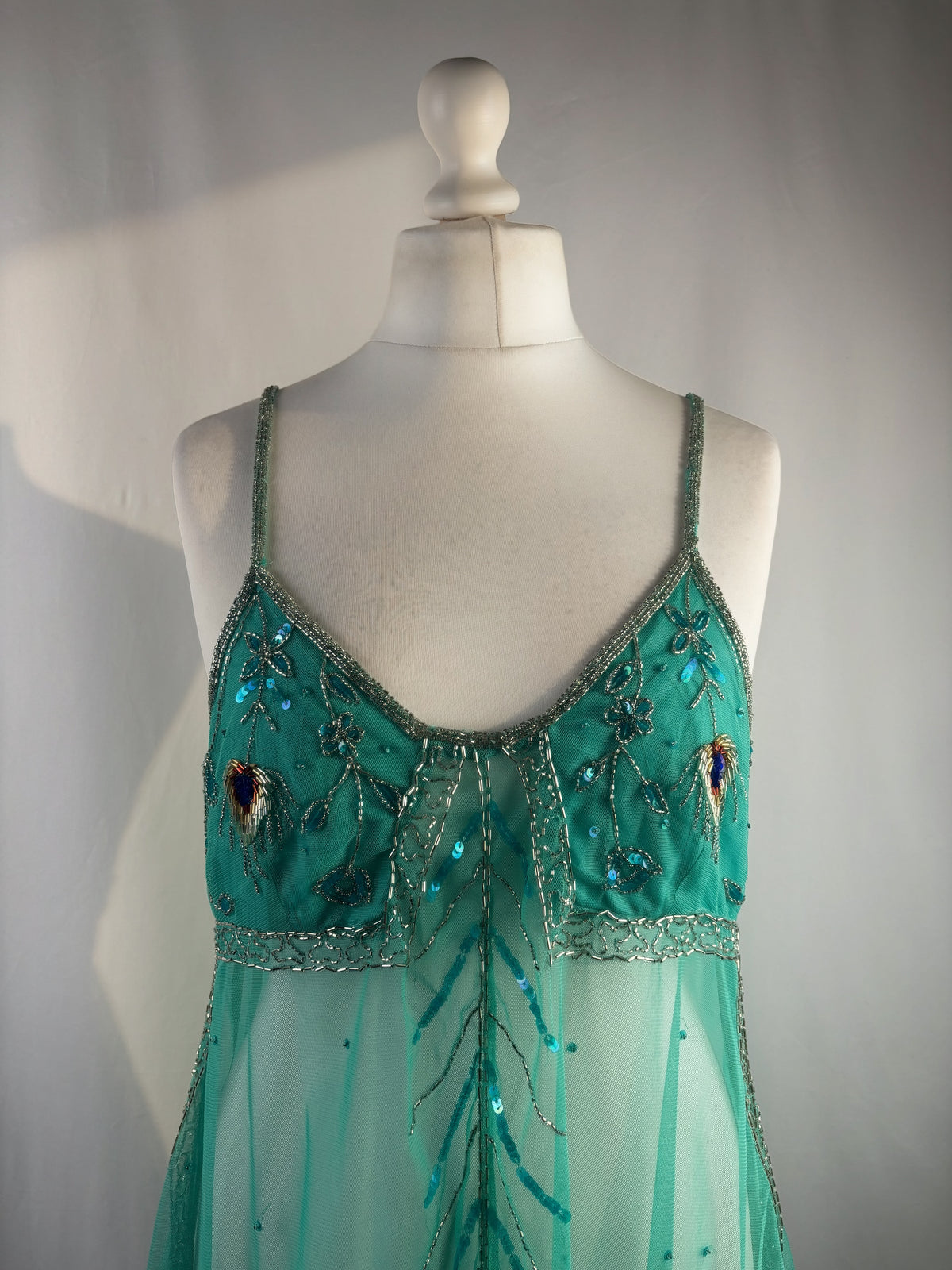 Bright blue sheer beaded peacock detailed fairy cami