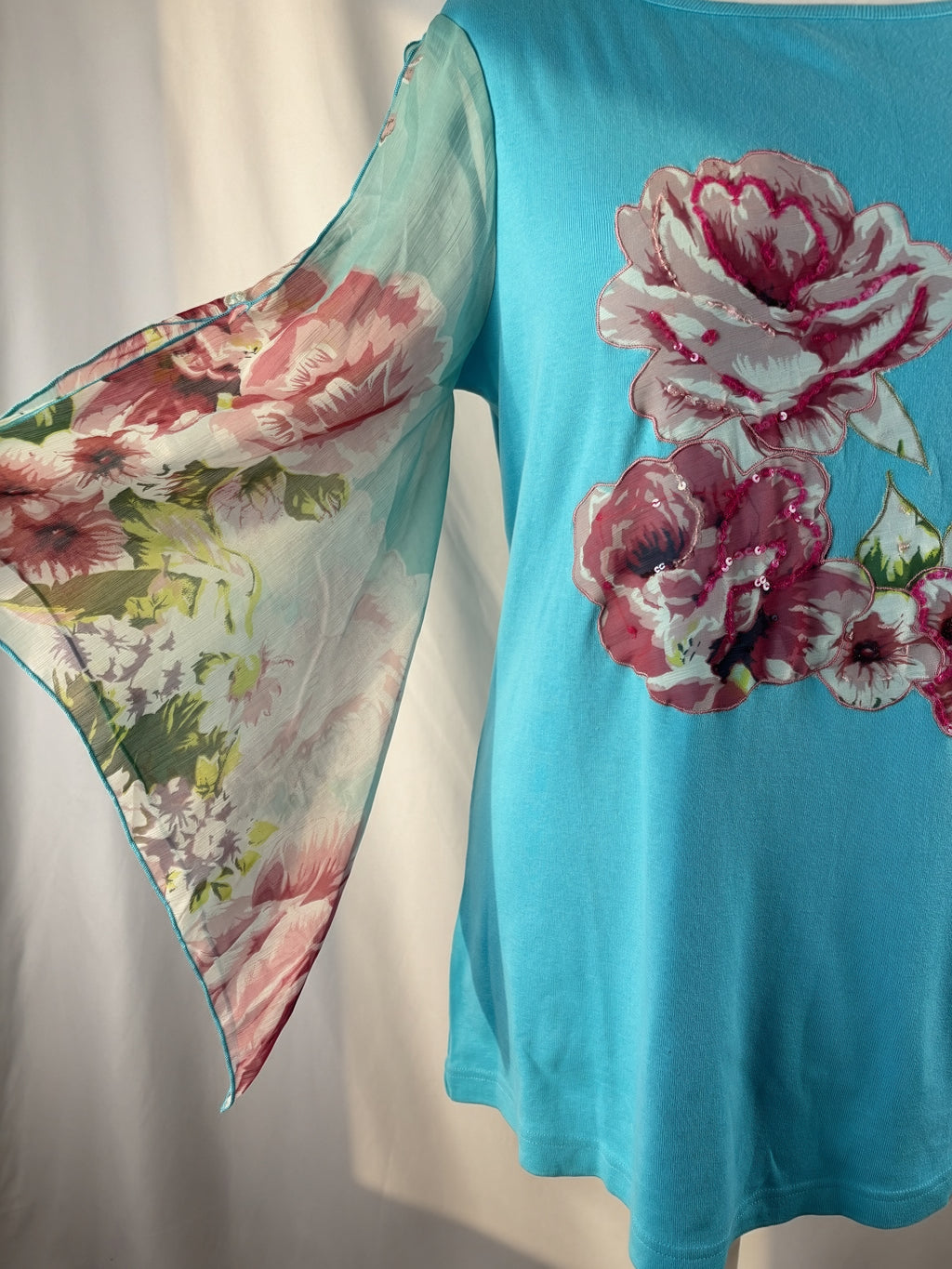 Blue floral Derhy detailed mesh flare/ long sleeve top with sequins
