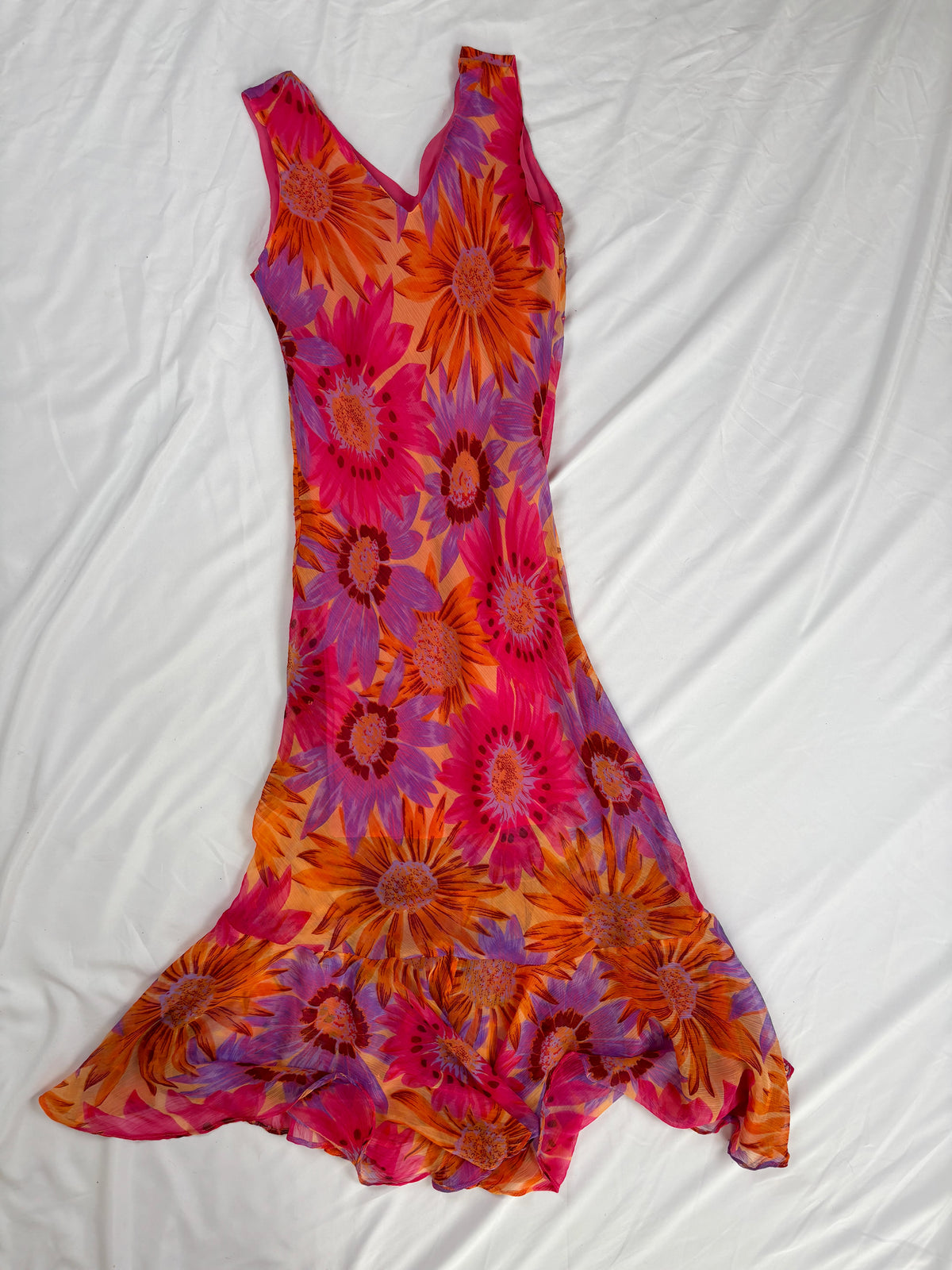 Sunflower ruffle maxi dress embellished throughout with sequins