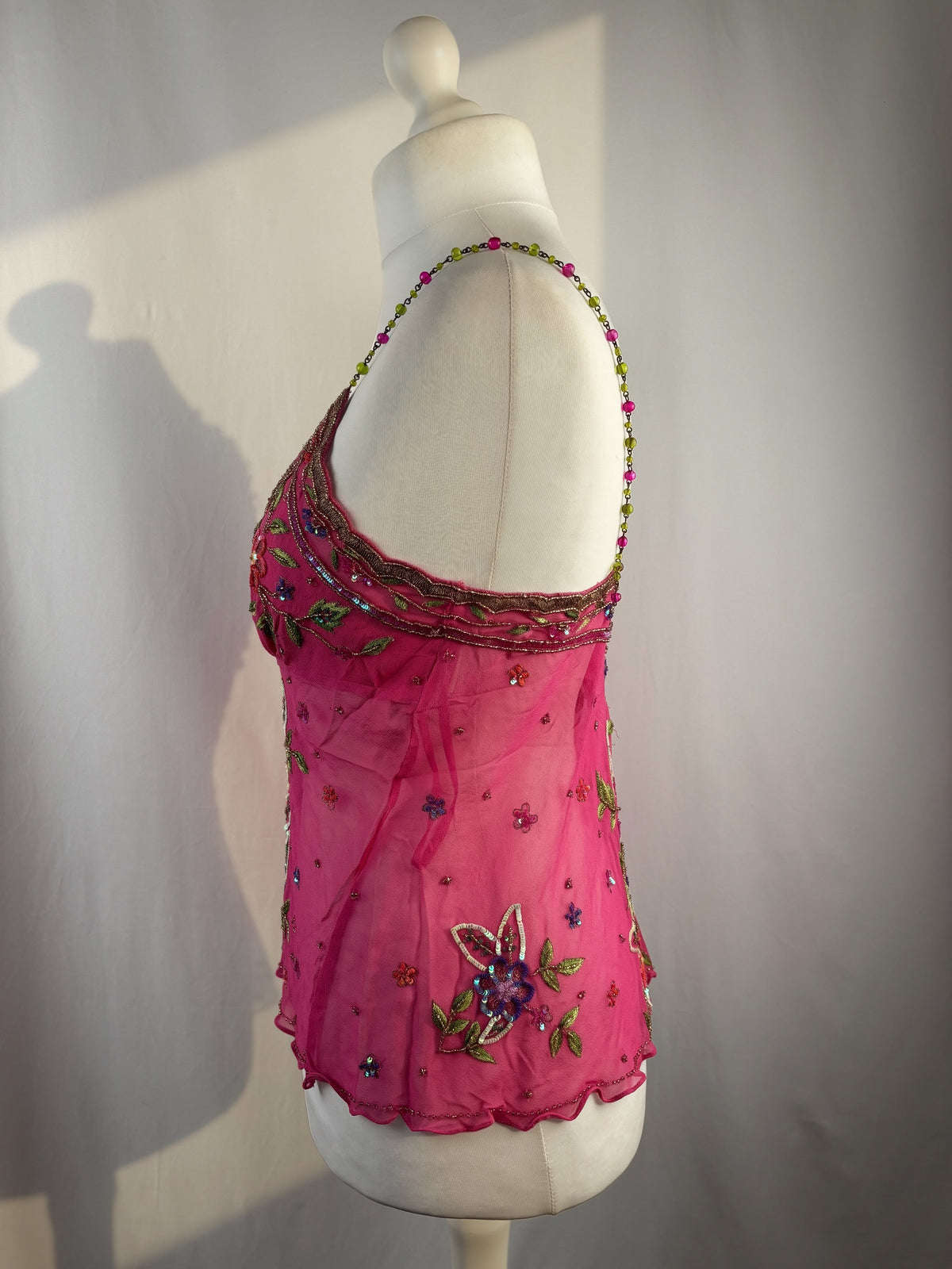 Hot pink sheer embellished aftershock silk cami with beaded straps