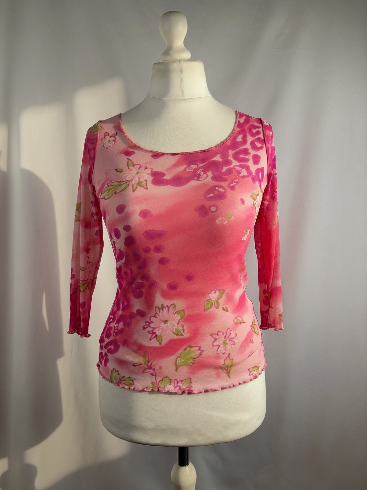 Hot pink animal print mesh 3/4 sleeve top
