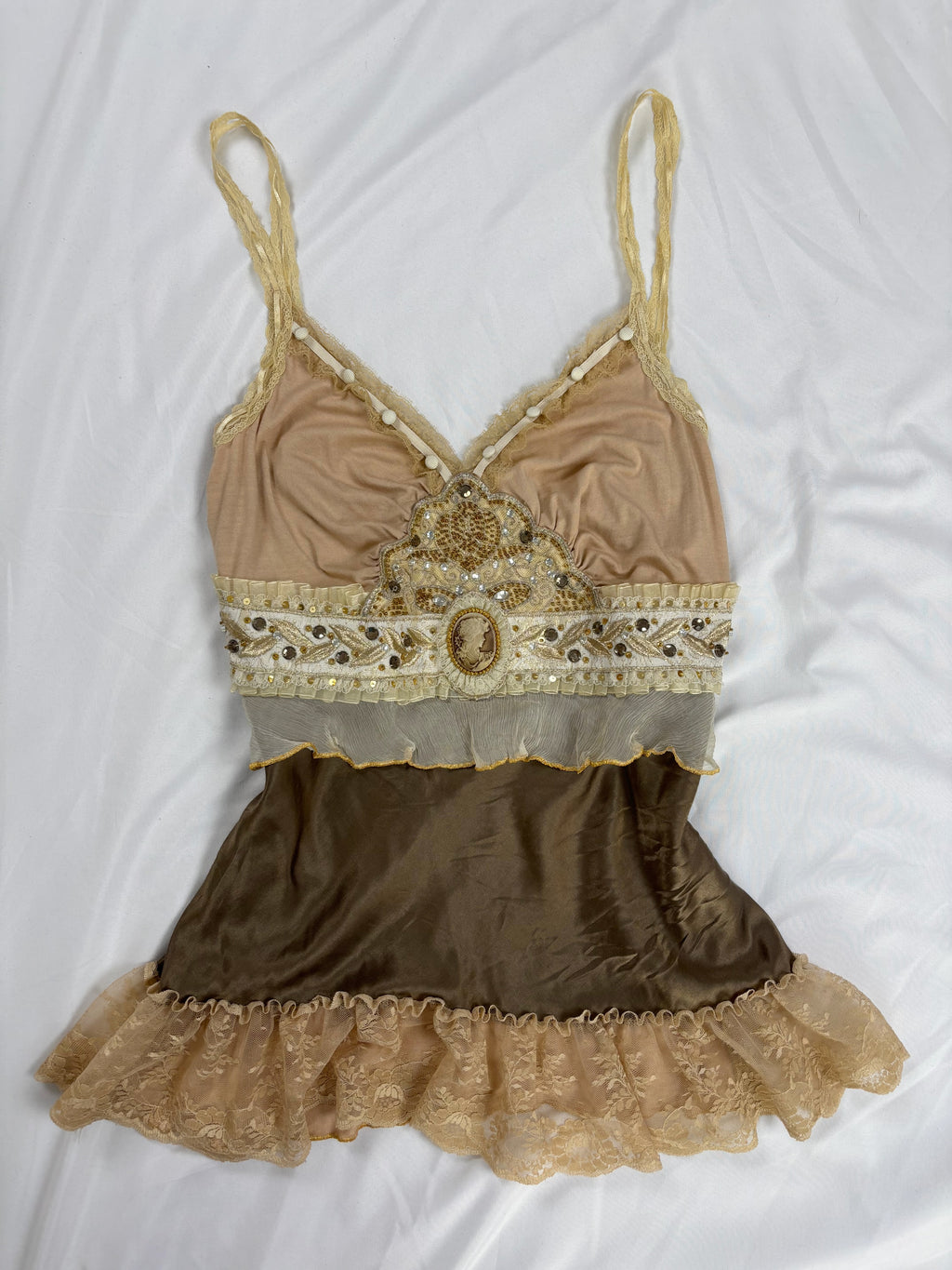 Brown Bony rare silk Victorian style cami with embroidered details