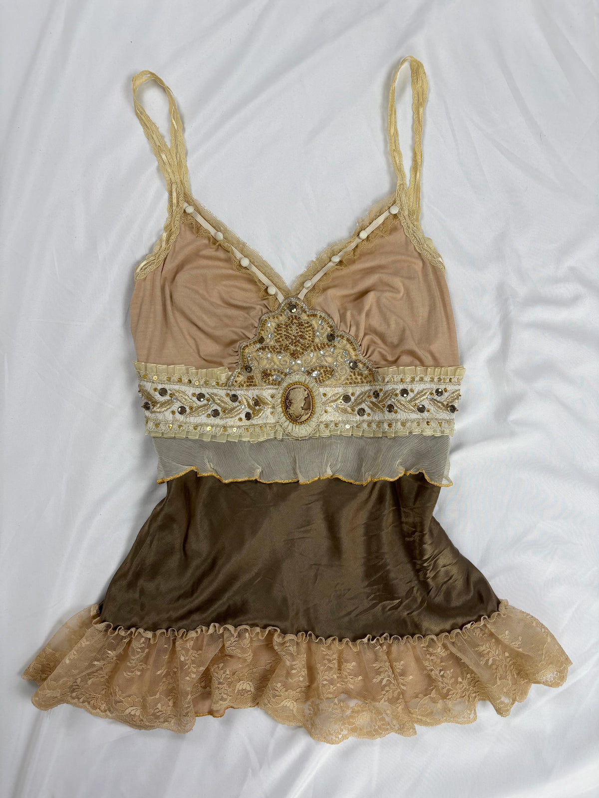Brown Bony rare silk Victorian style cami with embroidered details