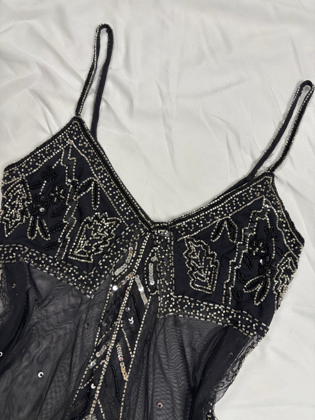 Sheer black beaded asymmetrical fairy cami