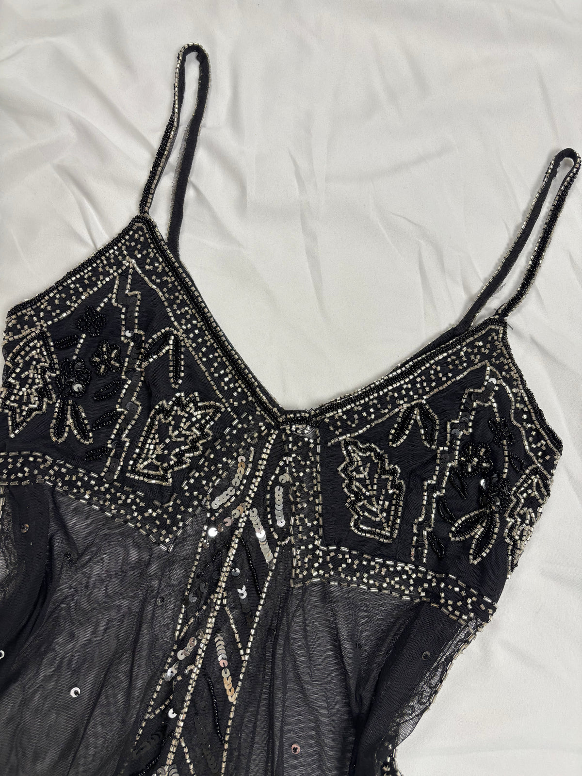 Sheer black beaded asymmetrical fairy cami
