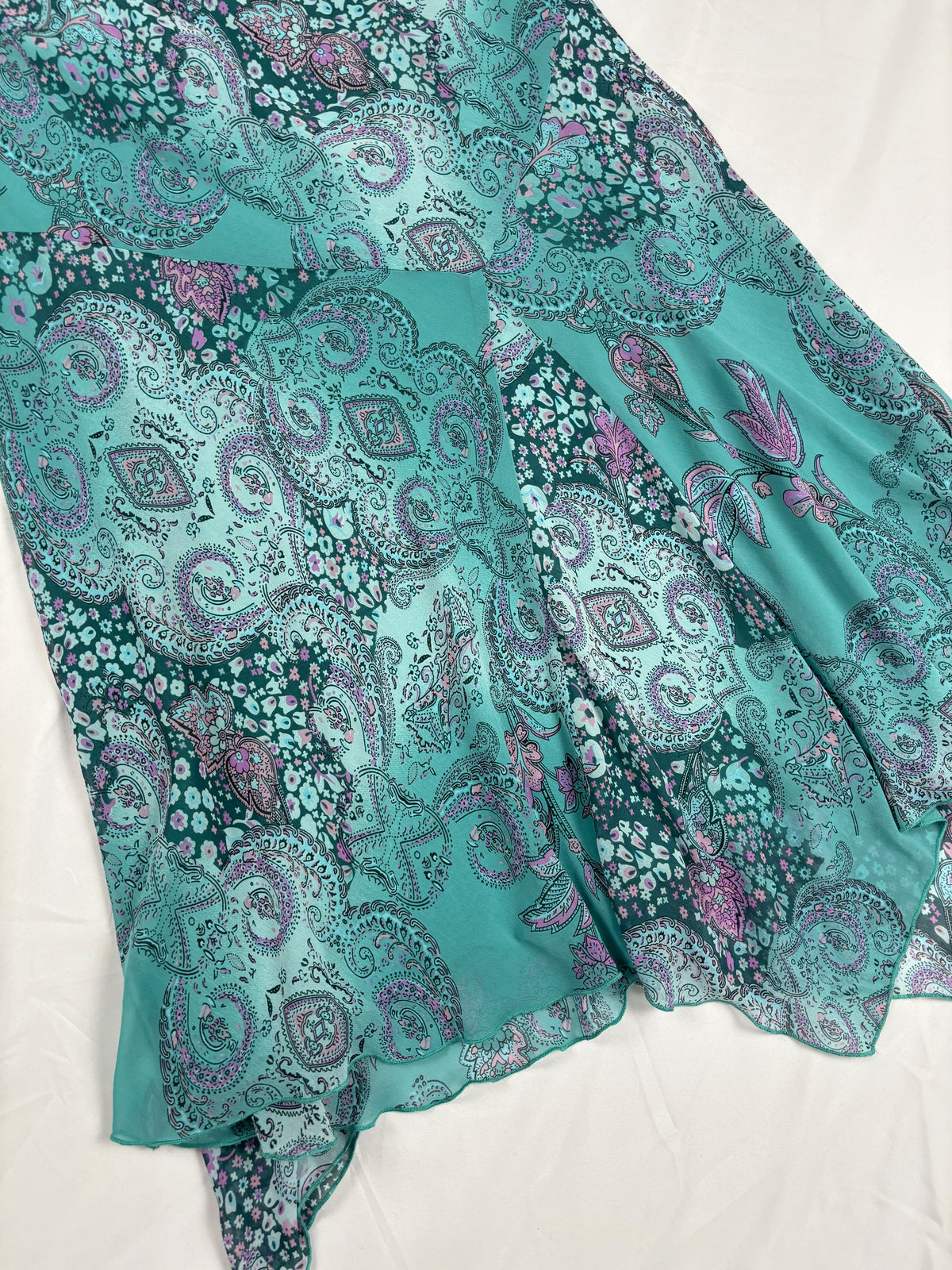 Blue and purple Paisley print midi skirt with asymmetric hem