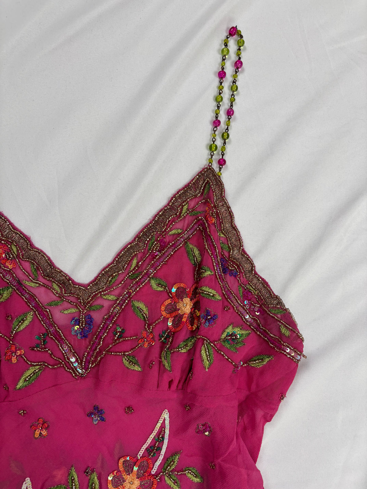 Hot pink sheer embellished aftershock silk cami with beaded straps