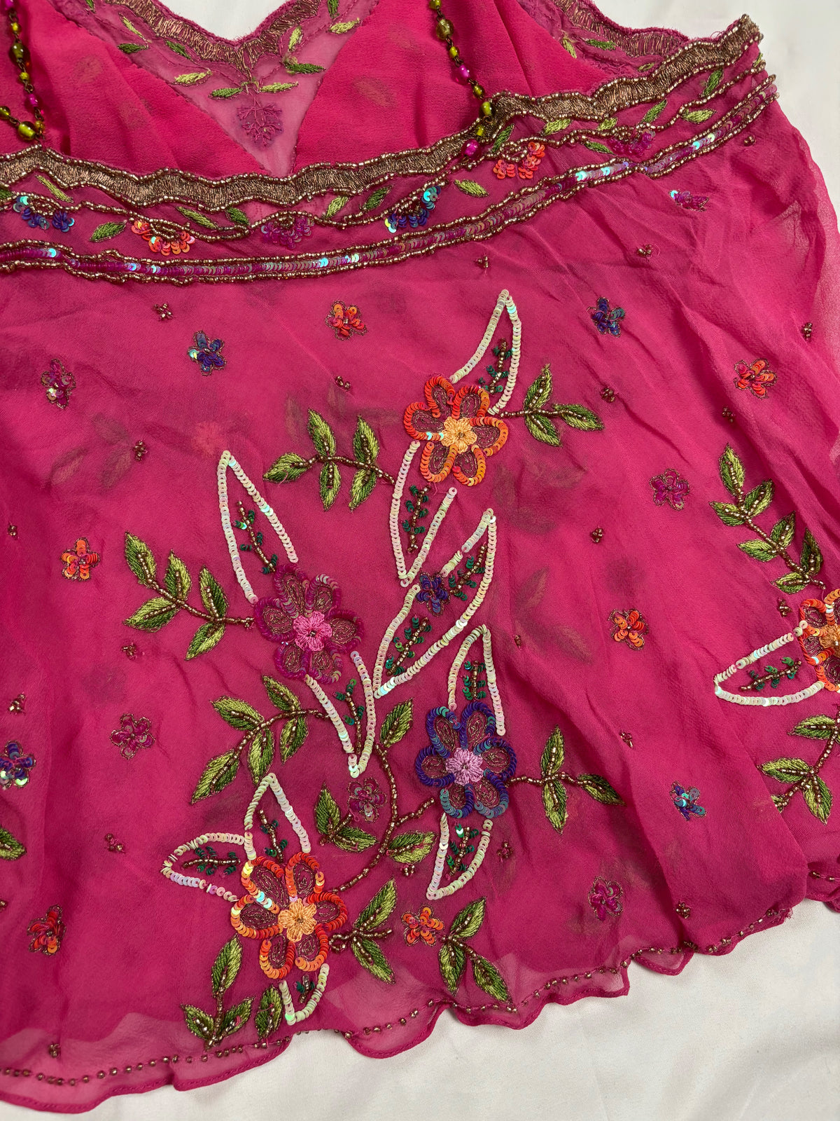 Hot pink sheer embellished aftershock silk cami with beaded straps