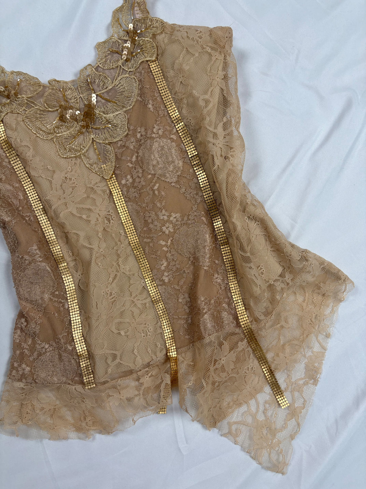 Golden asymmetric lace cami with embellished sequins