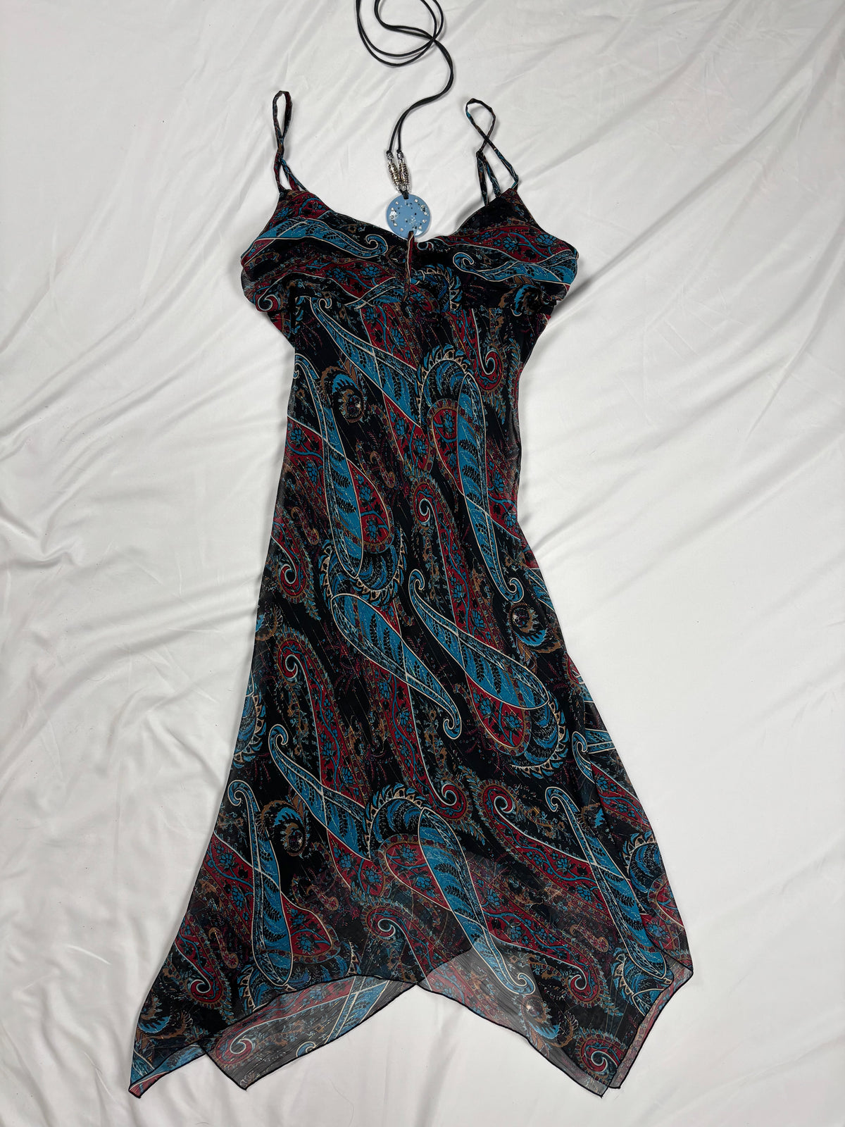 Paisley asymmetric maxi dress with beaded halterneck detail