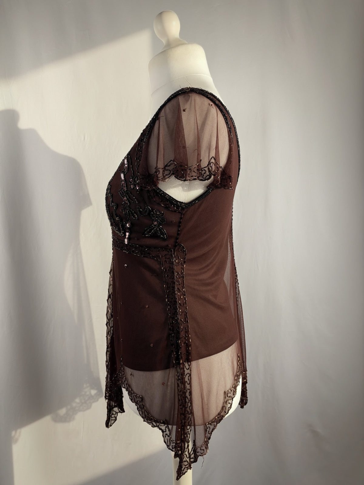 Chocolate brown asymmetrical mesh fairy top with v-neckline