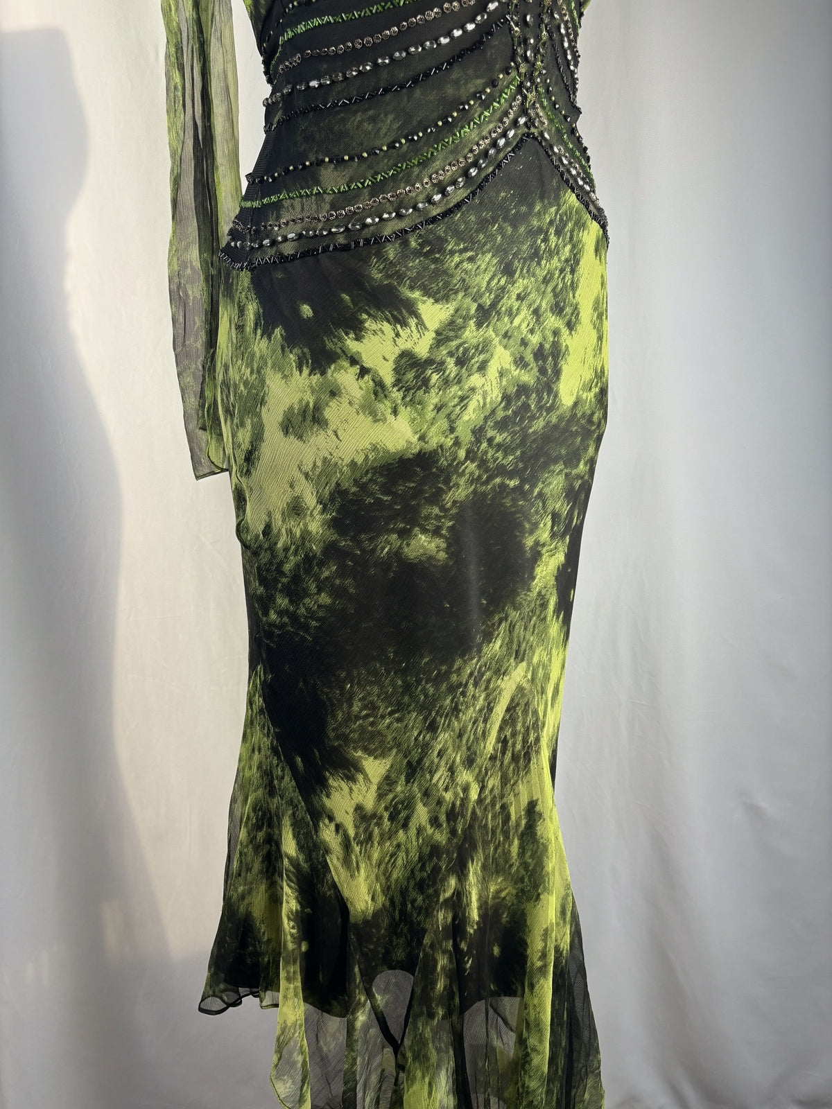 Black and green silk asymmetric beaded halterneck dress with shawl