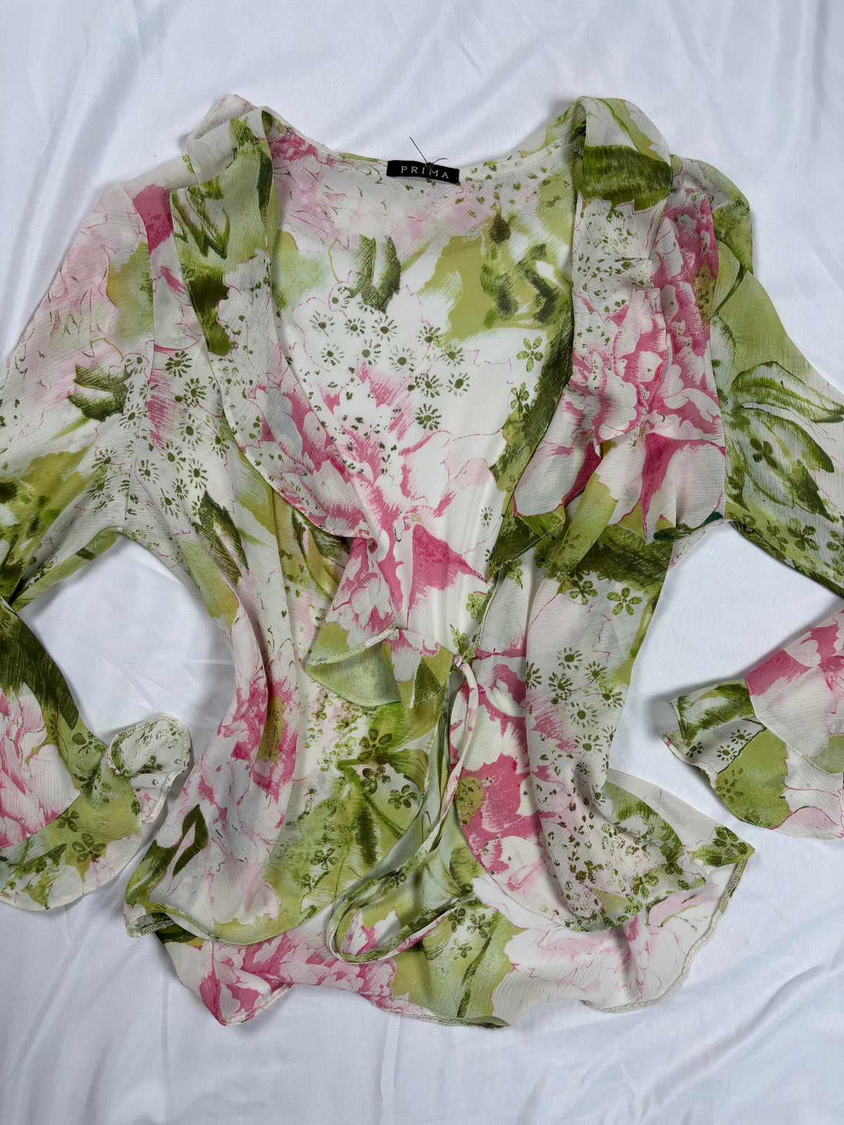 Pink and green floral ruffle tie front cardigan
