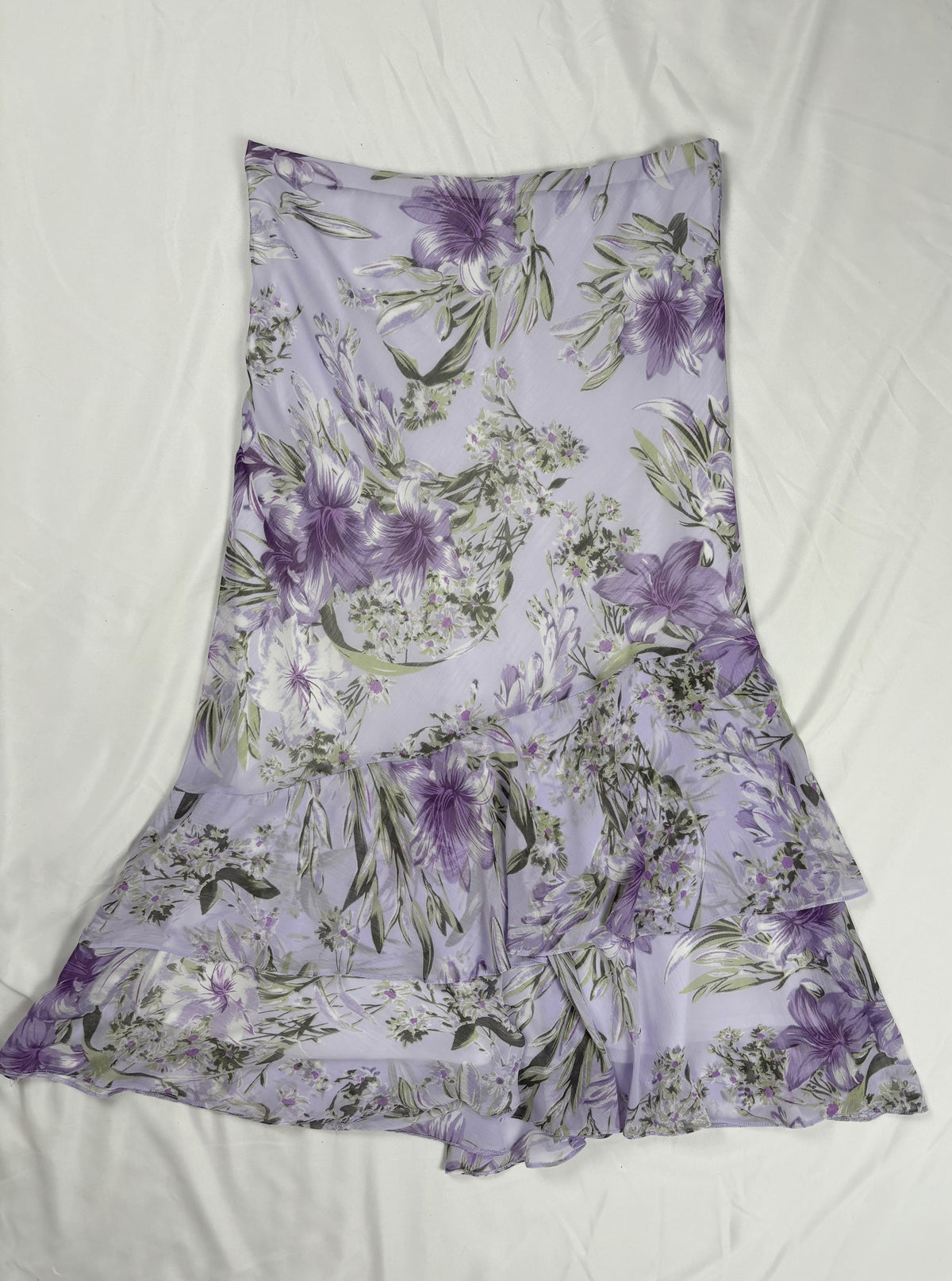 Lilac and green floral print ruffle skirt
