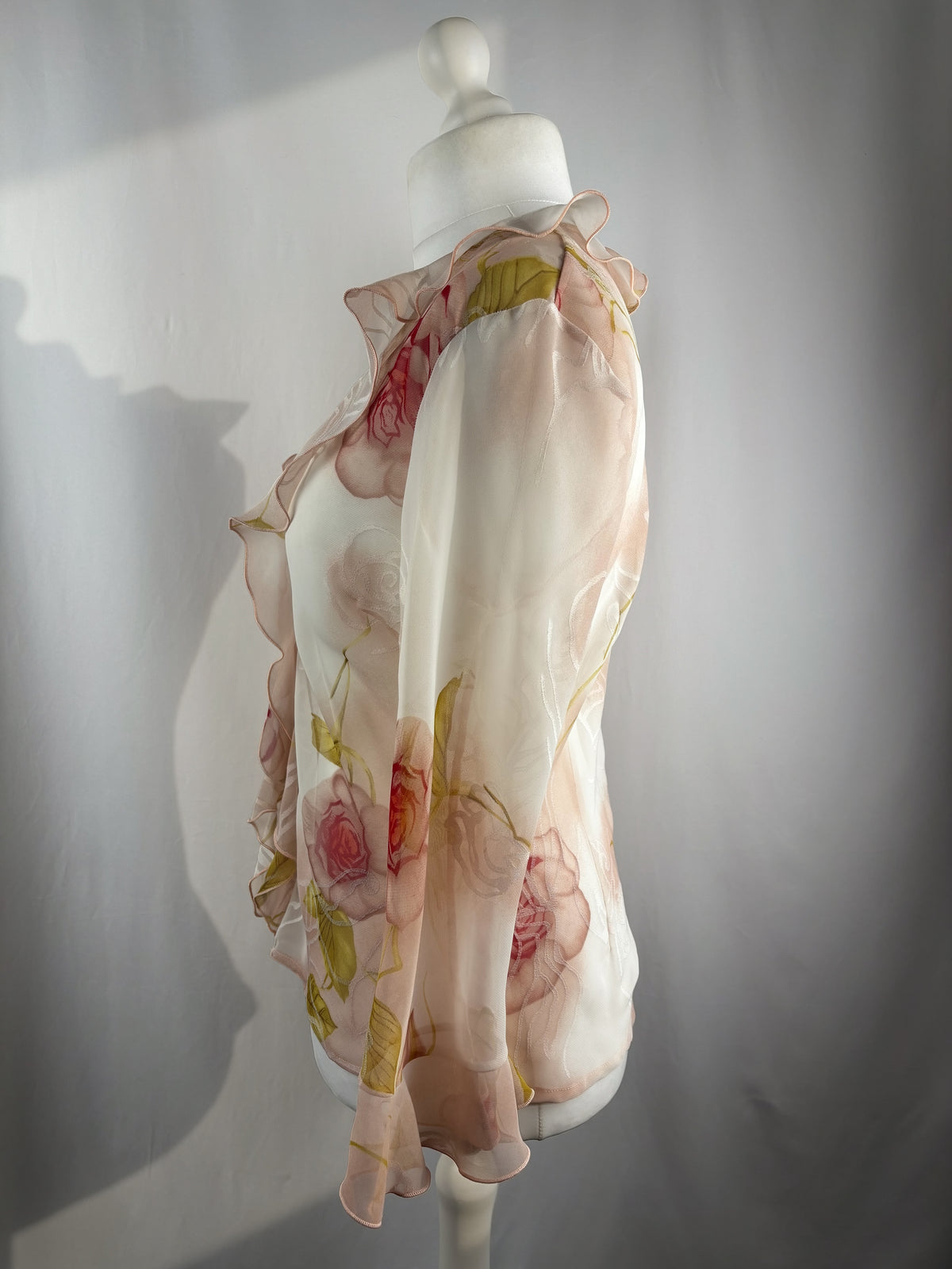 Sheer blush ombré floral button up ruffle cardigan