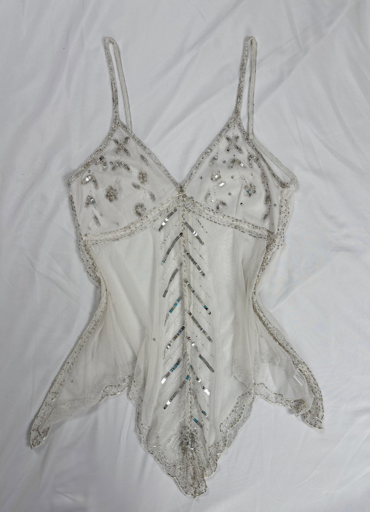 White beaded sheer asymmetrical fairy cami