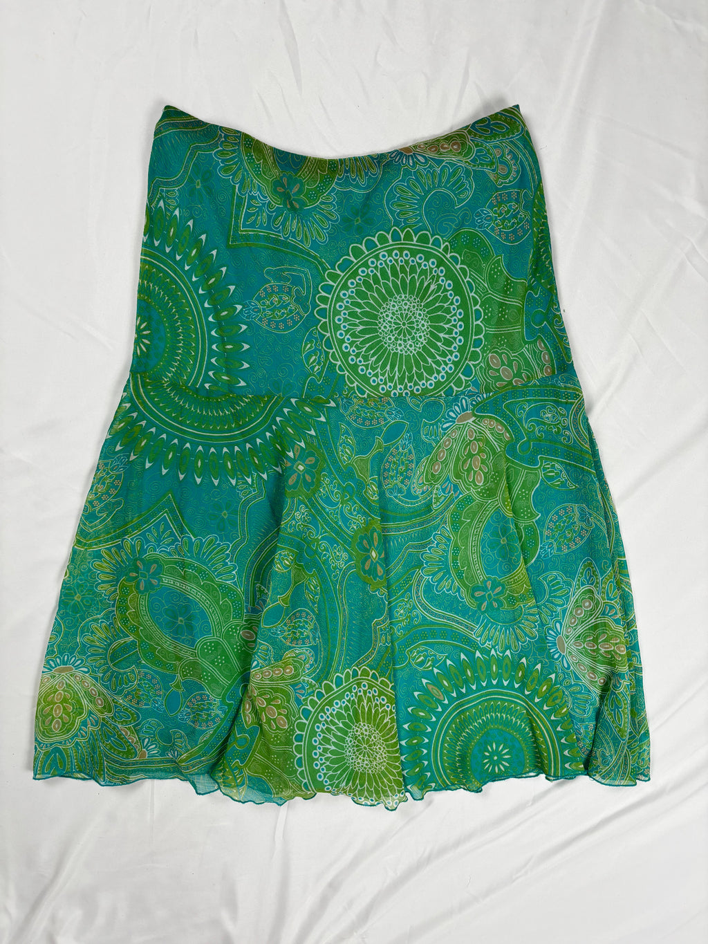 Green and blue tropical ruffle detailed midi skirt
