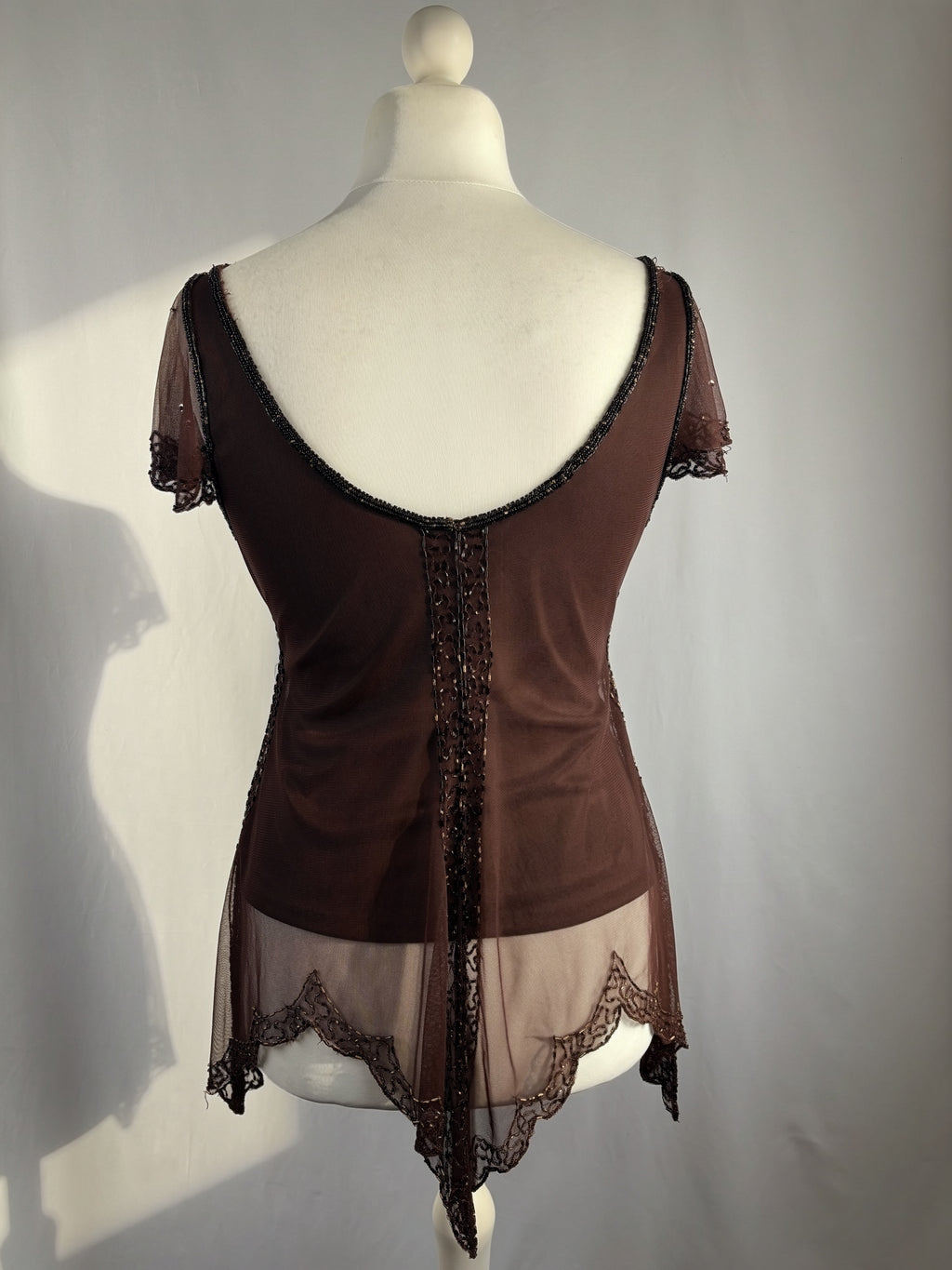 Chocolate brown asymmetrical mesh fairy top with v-neckline