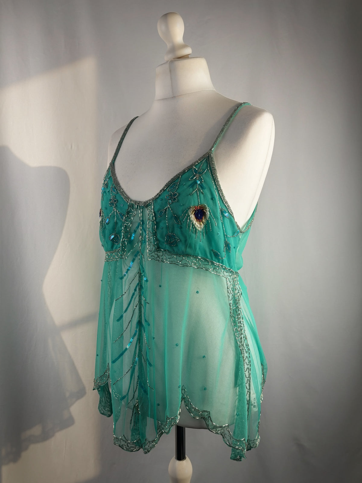 Bright blue sheer beaded peacock detailed fairy cami