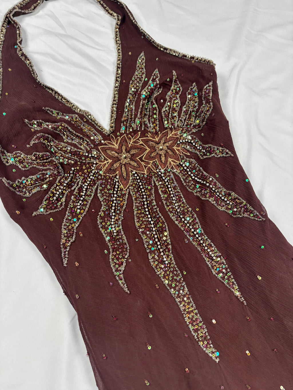 Brown aftershock silk midi dress embellished with sequins