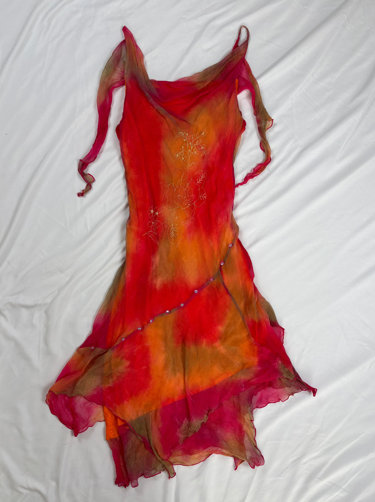 Autumnal ombré asymmetric mini dress with mirrored gem embellishments