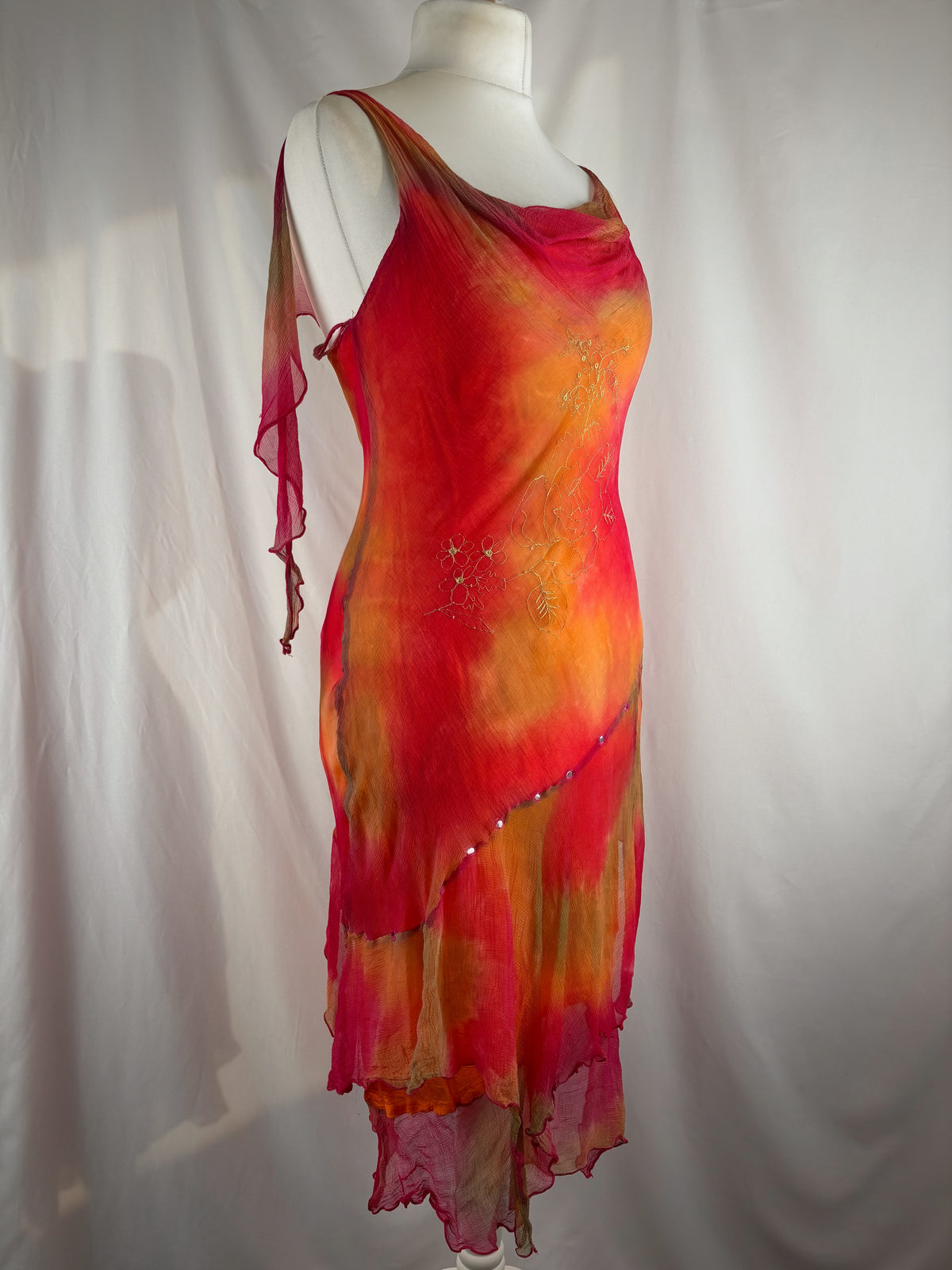Autumnal ombré asymmetric mini dress with mirrored gem embellishments