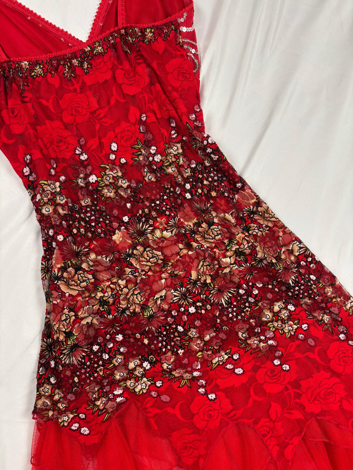 Red lace asymmetric fairy mini dress with sequin details