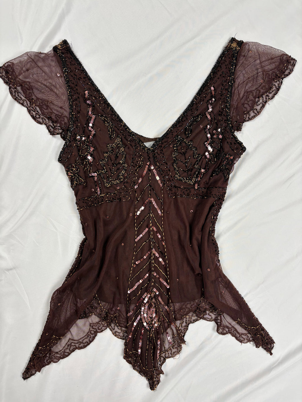 Chocolate brown asymmetrical mesh fairy top with v-neckline