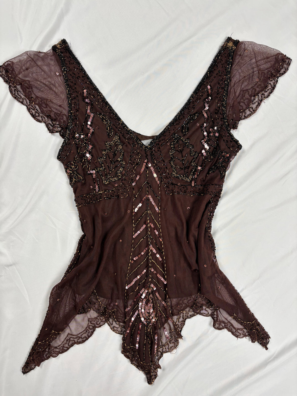 Chocolate brown asymmetrical mesh fairy top with v-neckline