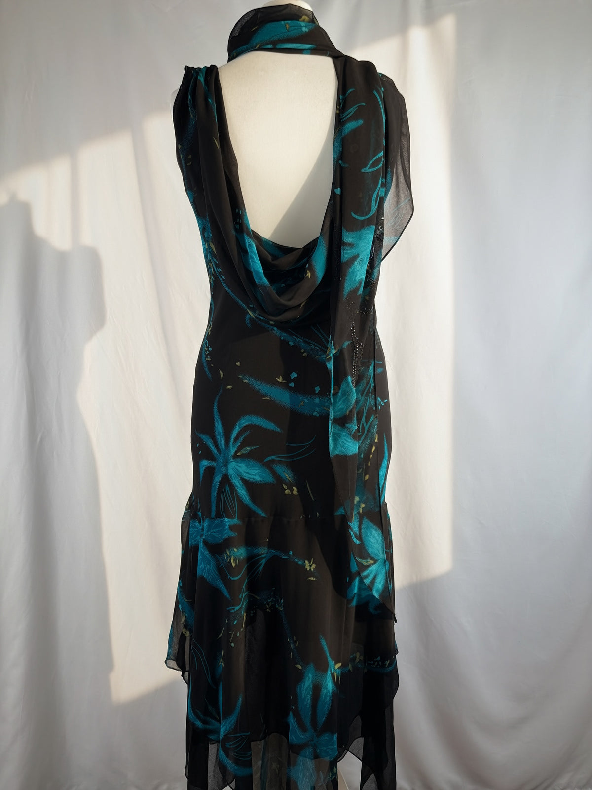 Black and blue floral asymmetric beaded dress with shawl