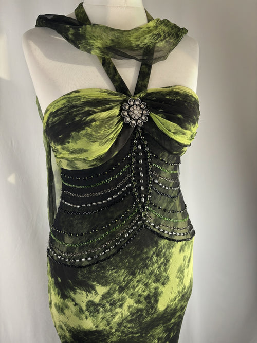 Black and green silk asymmetric beaded halterneck dress with shawl