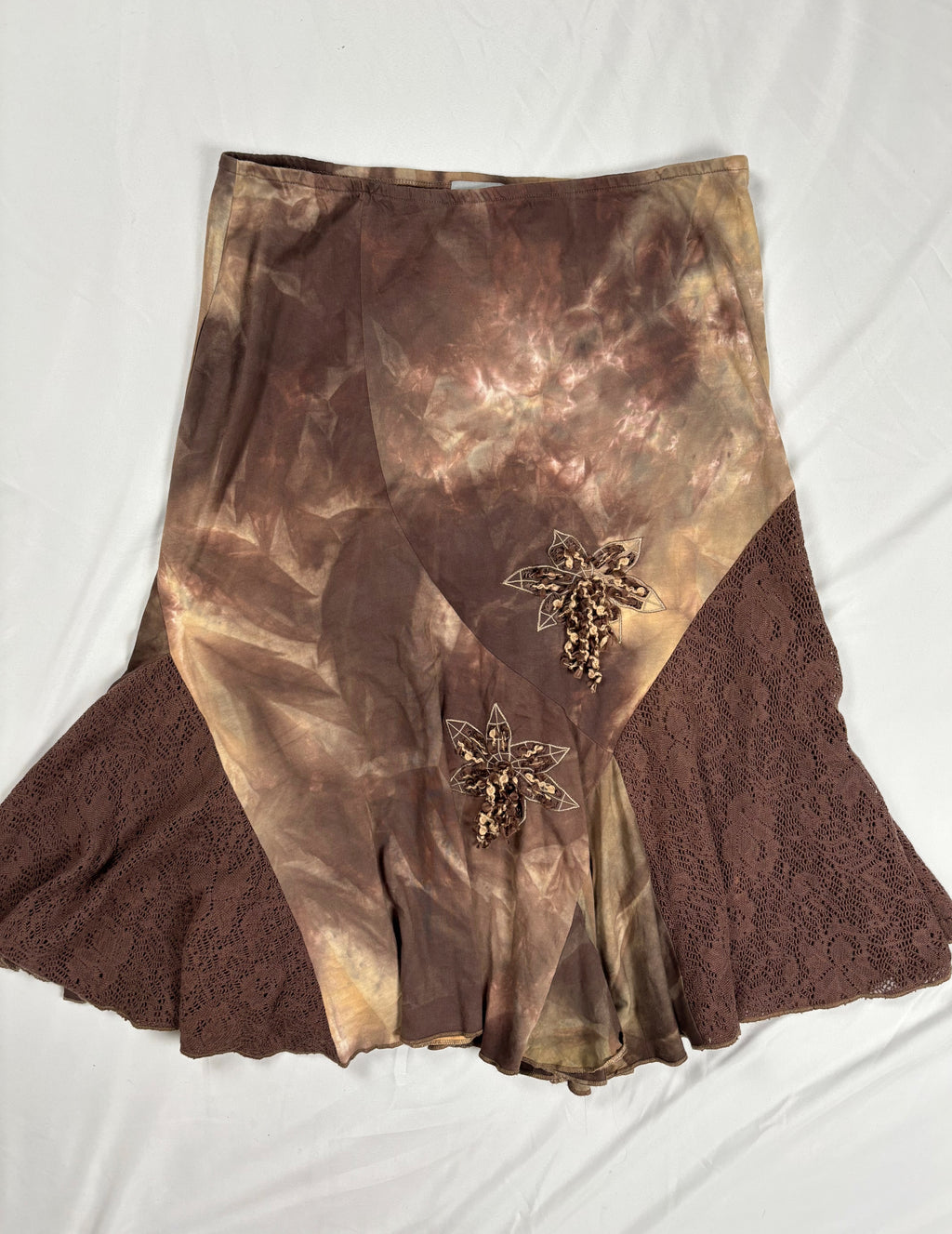 Brown and beige ombré patchwork skirt with floral tassel details