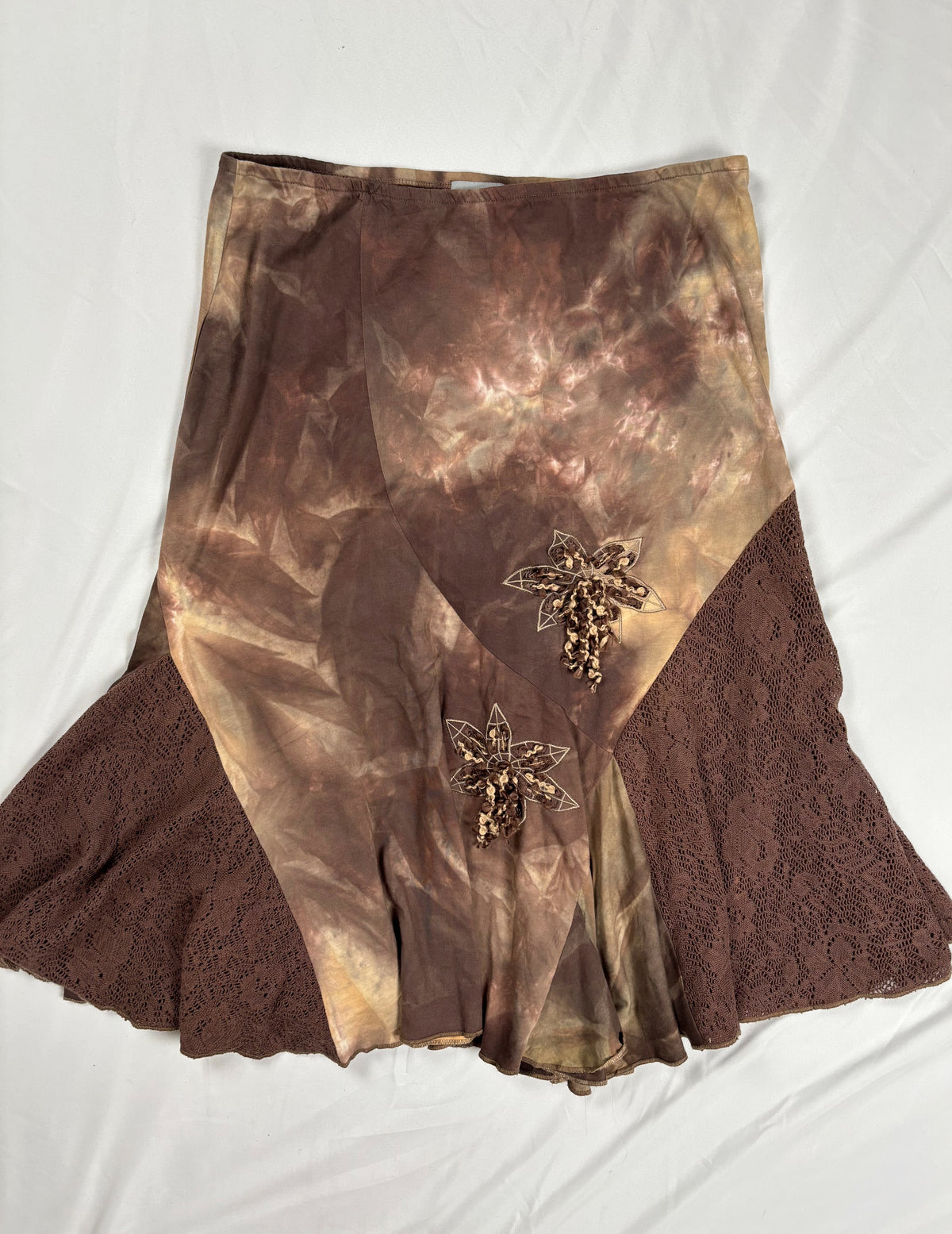 Brown and beige ombré patchwork skirt with floral tassel details