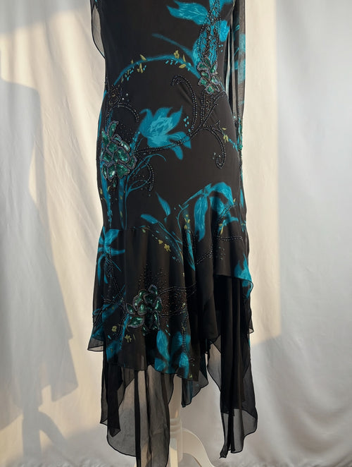 Black and blue floral asymmetric beaded dress with shawl
